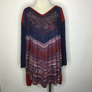 Catherines Embellished Red/Blue Blouse Tunic Hi-Low Hem Plus Size 5X (34/36W)